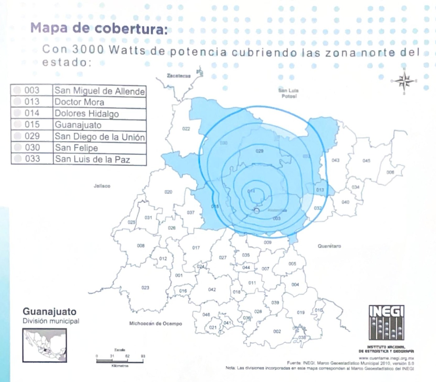 Mapa de cobertura de referencia de Magnética FM 89.7 en el norte de Guanajuato